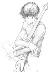  1boy barefoot commentary_request damaged electric_guitar fujicue!!!_~fuji_cue&#039;s_music~ gibson_flying_v glasses guitar highres indian_style instrument looking_away male_focus monochrome oboredani_yousuke original ribbed_sweater sitting sketch solo sweater taguchi_shouichi turtleneck 