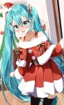  1girl :d aqua_eyes aqua_hair bangs bare_shoulders belt black_legwear blush christmas collarbone commentary_request fur_trim hair_between_eyes hair_ornament hairclip hat hatsune_miku highres indoors long_hair long_sleeves looking_at_viewer mini_hat mini_santa_hat pentagon_(railgun_ky1206) santa_costume santa_hat smile solo thigh-highs tilted_headwear twintails very_long_hair vocaloid wide_sleeves x_hair_ornament 