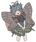 1girl antennae aqua_hair blush butterfly_wings cropped_legs dress english_commentary eternity_larva fairy green_dress hair_between_eyes highres leaf leaf_on_head multicolored_clothes multicolored_dress open_mouth orange_eyes rbfnrbf_(mandarin) short_hair single_strap smile solo touhou white_background wings 