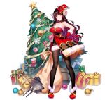  1girl armpits azur_lane bangs bare_shoulders black_hair black_legwear blunt_bangs box breasts candy candy_cane choker christmas_tree closed_eyes closed_mouth curled_horns dress eyebrows_visible_through_hair flower food frown fur-trimmed_dress fur-trimmed_gloves fur_trim fuzichoco gift gift_box gloves hair_flower hair_ornament hand_on_hip hat highres horns house large_breasts long_hair multicolored_hair official_alternate_costume official_art open_mouth pantyhose pink_hair red_flower santa_hat smile snow standing strapless strapless_dress suruga_(azur_lane) suruga_(uneventful_holiday_greetings)_(azur_lane) transparent_background two-tone_hair 