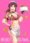 1girl apron armband azasuke bell bikini black_lagoon bow bra breasts brown_eyes brown_hair cake choker christmas cleavage commentary_request cowboy_shot english_text eyebrows_visible_through_hair feet_out_of_frame female fingerless_gloves food gloves highres holding holding_cake holding_food long_hair looking_at_viewer maid maid_apron maid_bikini maid_headdress medium_breasts merry_christmas midriff navel open_mouth panties parted_bangs pink_background ponytail revy_(black_lagoon) shoulder_tattoo simple_background solo standing swimsuit tattoo teeth tongue tray tribal_tattoo underwear 
