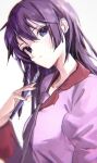  1girl absurdres bakemonogatari collarbone eyebrows_visible_through_hair hair_between_eyes highres holding holding_pen irohatomo long_hair long_sleeves looking_at_viewer monogatari_(series) naoetsu_high_school_uniform necktie pen puffy_sleeves purple_hair purple_necktie purple_shirt school_uniform senjougahara_hitagi shirt simple_background sketch solo upper_body violet_eyes white_background 