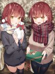  2girls :d bag bangs blue_skirt box braid commentary_request eyebrows_visible_through_hair gift gift_box hair_ornament hairclip highres holding holding_bag jacket looking_at_viewer multiple_girls muninshiki older_twin_sister_(muninshiki) original plaid plaid_scarf pleated_skirt pom_pom_(clothes) pom_pom_hair_ornament redhead scarf skirt smile standing yellow_eyes younger_twin_sister_(muninshiki) 