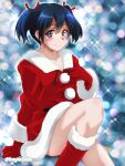  1girl akichin_(atelier_baguri) blue_eyes blue_hair boots fur-trimmed_boots fur-trimmed_sleeves fur_trim gloves hair_ribbon kantai_collection long_sleeves red_footwear red_gloves red_ribbon ribbon santa_costume sitting smile solo souryuu_(kancolle) twintails 