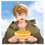  1boy :d absurdres bangs blue_sky brown_hair cake closed_eyes clouds cloudy_sky food fruit green_jacket highres holding holding_plate jacket jewelry louwina luke_pearce_(tears_of_themis) necklace open_clothes open_jacket open_mouth plate shirt short_hair sky smile solo strawberry tears_of_themis teeth yellow_shirt 