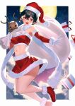  1girl :d absurdres armpits bandeau bare_shoulders black_hair boots box breasts christmas crop_top detached_sleeves full_moon fur_trim gift gift_box gloves hat highres holding long_sleeves looking_at_viewer medium_breasts midriff miniskirt moon navel original outstretched_arm red_eyes red_skirt revealing_clothes sack santa_costume santa_hat scarf short_hair skirt smile solo stomach strapless thighs tube_top white_gloves yamanokami_eaka 