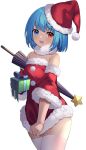  1girl :d alternate_costume bangs bare_shoulders blue_eyes blue_hair blush box breasts christmas clothes_pull collarbone commentary_request dress dress_pull eyelashes fur-trimmed_headwear fur-trimmed_sleeves fur_trim gift gift_box hat heterochromia highres holding holding_gift karakasa_obake looking_at_viewer oil-paper_umbrella open_mouth red_dress red_eyes santa_hat short_dress short_hair simple_background small_breasts smile solo standing tatara_kogasa thigh-highs tilted_headwear touhou umbrella white_background white_legwear wide_sleeves yuujin_(yuzinn333) 