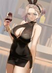  absurdres alcohol animal_ears azur_lane bare_arms bare_shoulders black_dress black_hairband blue_eyes breasts closed_mouth cowboy_shot dress drink earrings fake_animal_ears gradient_hair hairband highres jewelry large_breasts light_brown_hair looking_at_viewer multicolored_hair necklace new_orleans_(azur_lane) new_orleans_(evening_agricole)_(azur_lane) official_alternate_costume purple_hair rabbit_ears short_hair smile thighs tnr_(horiko1525) wine 