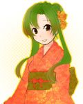  1girl :d brown_eyes elincia_ridell_crimea fire_emblem fire_emblem:_souen_no_kiseki green_hair hair_bun hair_up japanese_clothes kimono kona_nanamu lowres open_mouth smile solo 