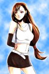  arms_behind arms_behind_back bare_shoulders brown_hair earrings escape_(artist) female final_fantasy final_fantasy_vii long_hair midriff miniskirt red_eyes skirt solo suspenders tanktop tifa_lockhart 