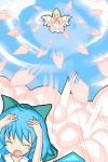  blonde_hair blue_hair bow cirno closed_eyes danmaku hair_bow hand_on_head hat highres lily_white multiple_girls open_mouth sky touhou 