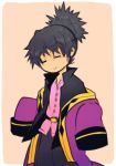  :&gt; black_hair brown_background closed_eyes long_sleeves lowres male ponytail raven sleeves_past_wrists smile solo tales_of_(series) tales_of_vesperia 