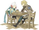  1girl :3 beard blonde_hair boots chair chin_rest closed_eyes coat cup drink facial_hair gloves malik_caesars mug multicolored_hair pascal red_hair redhead scarf shorts sitting smile table tales_of_(series) tales_of_graces two-tone_hair white_hair zenmai 