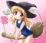  blonde_hair blush broom broom_riding hat lapis_mercurius_freya neopure one-piece_swimsuit princess_holiday red_eyes school_swimsuit straddle swimsuit witch_hat 