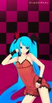  blue_hair bow checkered checkered_background chin_rest dress hatsune_miku highres long_hair powhu twintails very_long_hair vocaloid world_is_mine_(vocaloid) wristband 