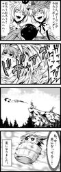  4koma aki_minoriko aki_shizuha atoshi ball bowling_ball cliff comic highres kisume monochrome touhou translated translation_request 