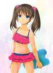  blue_eyes brown_hair frills highres kickboard mao1985 original solo swimsuit twintails 