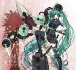  bandage bandage_over_one_eye bandages blood cross cuts gloves hatsune_miku headphones injury katana long_hair microphone nagy red_eyes skirt speaker sword thigh-highs thighhighs twintails very_long_hair vocaloid weapon zipper 