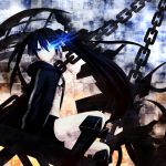  black_hair black_rock_shooter blue_eyes boots chain chains coat glowing glowing_eyes long_hair midriff nagomi_no_ame pale_skin shorts solo twintails very_long_hair 