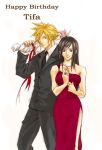  1boy 1girl blonde_hair blue_eyes bouquet brown_hair cloud_strife couple dress final_fantasy final_fantasy_vii flower formal happy_birthday jewelry necklace red_eyes single_strap smile suit tifa_lockhart white_background 