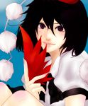  black_hair eyelashes fan hat hoshino_(adumi) knees lips portrait red_eyes shameimaru_aya short_hair short_sleeves simple_background smile touhou 