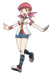  1girl akane_(pokemon) buttons hair_ornament hairpin highres kneehighs official_art open_mouth pink_eyes pink_hair pokemon pokemon_(game) pokemon_gsc shoes shorts simple_background sneakers socks solo striped striped_socks sugimori_ken transparent_background twintails wristband 