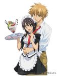  1boy 1girl apron ayuzawa_misaki belt black_hair blonde_hair corset couple food green_eyes hakusensha ice_cream j.c._staff kaichou_wa_maid-sama! long_hair love maid maid_headdress necktie official_art pocky short_hair skirt smile spoon strawberries tray usui_takumi yellow_eyes 