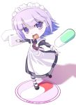  :d chibi futaba_channel hatuka heart heart_in_mouth highres maid maid_headdress nijiura_maids open_mouth pill purple_eyes purple_hair ringed_eyes shadow smile solo striped yakui 