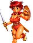  belt breasts cleavage final_fantasy final_fantasy_iii green_eyes green_hair large_breasts leotard moriichi red_hair redhead shield short_hair shoulder_pads smile sword warrior_of_the_light weapon 
