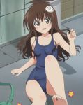  brown_hair cap feet highres long_hair one-piece_swimsuit school_swimsuit screencap stitched surprise surprised swimsuit to_love-ru toes toloveru yuuki_mikan 