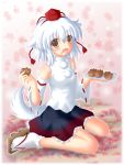  animal_ears bad_id cookie detached_sleeves eating food hat inubashiri_momiji short_hair solo tail tokin_hat touhou tsukikage_(artist) white_hair wolf_ears wolf_tail yellow_eyes 