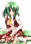  blush breasts flower flower_request frown green_hair hair_flower hair_ornament impossible_clothes impossible_shirt kazami_yuuka kibou_tsubame large_breasts leaf meadow nozomi_tsubame plaid plaid_skirt plaid_vest red_eyes short_hair sitting skirt skirt_set solo touhou white_background 