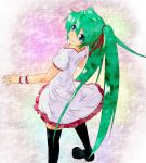  green_hair hatsune_miku highres long_hair looking_back skirt thigh-highs thighhighs twintails vocaloid wristband yuchi 