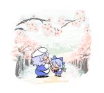  baku_taso cherry_blossoms chibi cirno closed_eyes happy letty_whiterock multiple_girls snow touhou 
