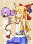  blonde_hair blunt_bangs bow brown_eyes chain chains fang gourd hair_bow horns ibuki_suika long_hair touhou translated wink wittyz 