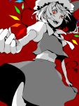  flandre_scarlet foreshortening from_below hands hat laevatein looking_down midriff monochrome navel open_mouth partially_colored red_background red_eyes short_hair spot_color tegaki touhou wings 