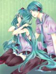  1boy 1girl aheim aqua_eyes aqua_hair blush genderswap hatsune_miku hatsune_mikuo headset long_hair necktie seiza sitting skirt thigh-highs thighhighs twintails very_long_hair vocaloid 