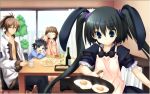  apron black_hair blue_eyes bunny_ears character_request closed_eyes cooking egg family frying_pan hitomaru long_hair pajamas rabbit_ears seirei_tenshou short_hair sleepy sunny_side_up_egg twintails xuse 