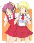  baka_to_test_to_shoukanjuu blonde_hair blush breast_envy cosplay costume_switch crossover green_eyes hidamari_sketch kuuyuu miyako mizuhashi_kaori necktie ponytail red_hair redhead school_uniform seiyuu_connection shimada_minami skirt staring_at_breasts translated |_| ||_|| 