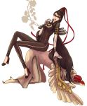  all_fours amulet arm_support bad_id bayonetta bayonetta_(character) beauty_mark black_hair bodysuit breasts candy cleavage cleavage_cutout crossed_legs earrings elbow_gloves female flower glasses gloves grey_eyes hair_bun hair_ribbon high_heels highres human_chair human_furniture jewelry lollipop long_hair mole monster plant red_ribbon ribbon shoes simple_background sitting sitting_on_person very_long_hair wings yperit yperit212 