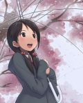  black_hair cherry_blossoms chihaya_72 from_below hair_bobbles hair_ornament hoodie looking_up open_mouth original rain smile solo transparent_umbrella tree twintails umbrella water water_drop 
