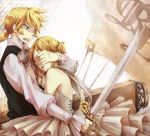  blonde_hair covering_eyes dress kagamine_len kagamine_rin pirate short_hair shouyu_meshi siblings strapless_dress sword twins vocaloid weapon 