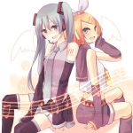  angel_wings bad_id blonde_hair blue_eyes blue_hair detached_sleeves green_eyes hair_ornament hair_ribbon hairclip hand_on_headphones hatsune_miku headphones headset kagamine_rin long_hair midriff multiple_girls musical_note necktie ribbon short_hair shorts sitting skirt smile thigh-highs thighhighs twintails vocaloid wadaka wings zettai_ryouiki 