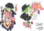   animal_ears bell blazblue boh_(pixiv422546) cat_ears closed_eyes female glasses green_hair hat hazama kokonoe lollipop long_hair male pants pink_hair ponytail short_hair sitting  