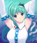  armpits arms_up detached_sleeves frog green_eyes green_hair hair_ornament hairclip kochiya_sanae long_hair masao snake solo touhou 