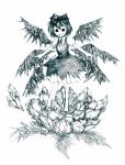  blue bow cirno creepy dress empty_eyes flower frozen hair_bow ice ice_wings kurosaki_(niggurath) monochrome no_nose outstretched_arms short_hair simple_background smile spread_arms standing touhou white_background wings 
