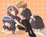  alternate_costume bad_id baka_to_test_to_shoukanjuu blue_eyes blue_hair bow brown_eyes brown_hair crossdressinging enmaided green_eyes hair_ornament hairclip kinoshita_hideyoshi long_hair maid maid_headdress multiple_boys tabata thigh-highs thighhighs trap tsuchiya_kouta yoshii_akihisa 