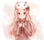  animal_hat bow brown_eyes cat_hat cathat cloud clouds hair_bow hands_clasped hat long_hair megurine_luka megurine_luka_(toeto) mikanniro open_mouth pink_hair solo tears toeto_(vocaloid) vocaloid 