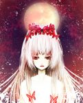  bare_shoulders butterfly colored_eyelashes eyelashes face fujiwara_no_mokou full_moon hair_ornament hime_cut long_hair moon open_mouth paint_splatter pale_skin red_eyes shuo smile touhou 