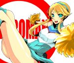  bad_id bare_shoulders blonde_hair blue_eyes blush cheerleader hairband heroman legs lina_(heroman) lina_davis long_hair long_legs open_mouth pizaya pom_poms s_tanly solo thighs 